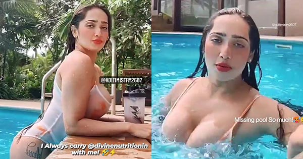 aditi mistry cleavage sexy curvy body in swimsuit 1 - Curvy Indian fitness model Aditi Mistry shared these hot swimsuit videos as she enjoys some pool time.