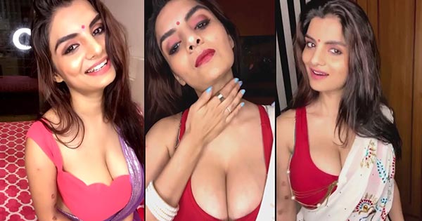 anveshi jain live hot in white saree red blouse huge cleavgae curvy indian actress 1 - Anveshi Jain LIVE show in red blouse and white saree - hot photos flaunting huge cleavage.