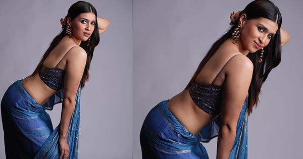 mannara chopra in saree sexy body side view 1 - Mannara Chopra shows her sexy curvy body in blue saree - see photos.